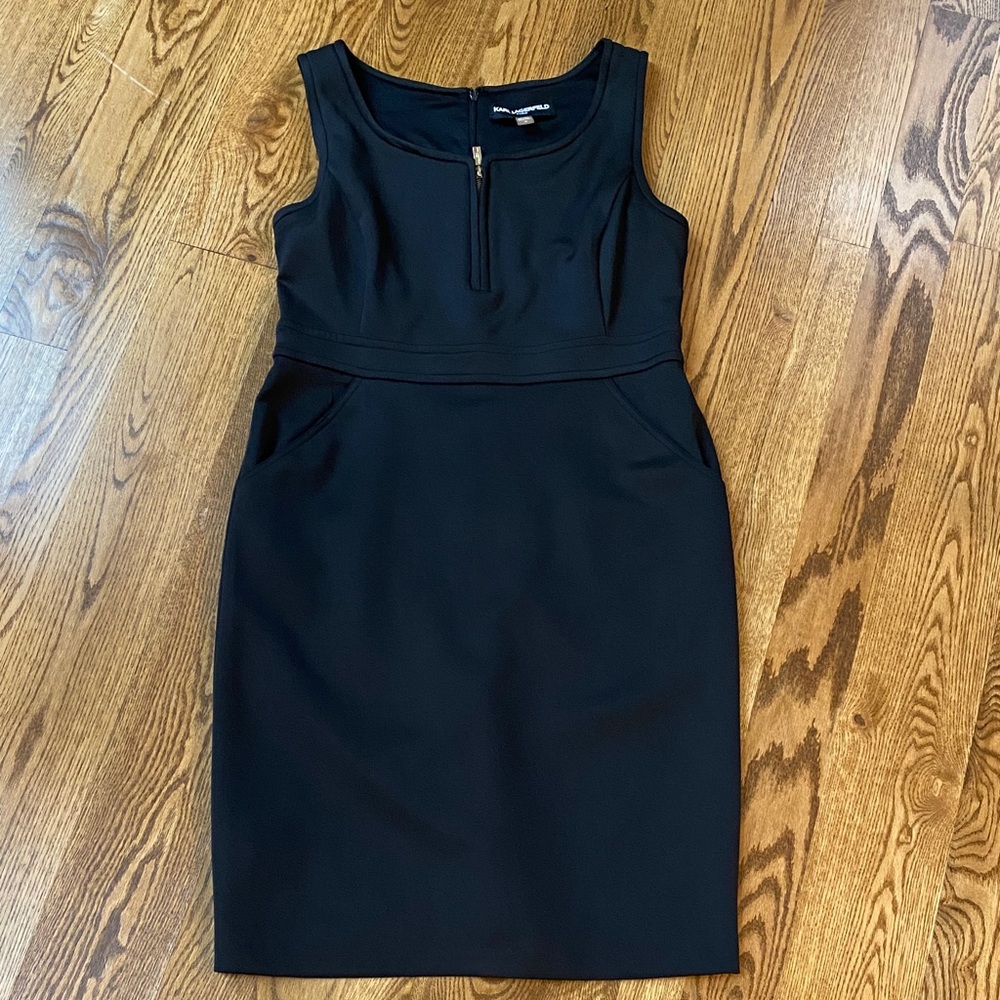 Karl Lagerfed Paris black sheath dress dark academia size 14 quiet luxury